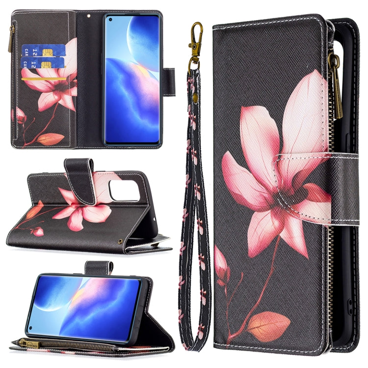 For OPPO Reno5 5G Colored Drawing Pattern Zipper Horizontal Flip Leather Case with Holder & Card Slots & Wallet(Lotus) by buy2fix