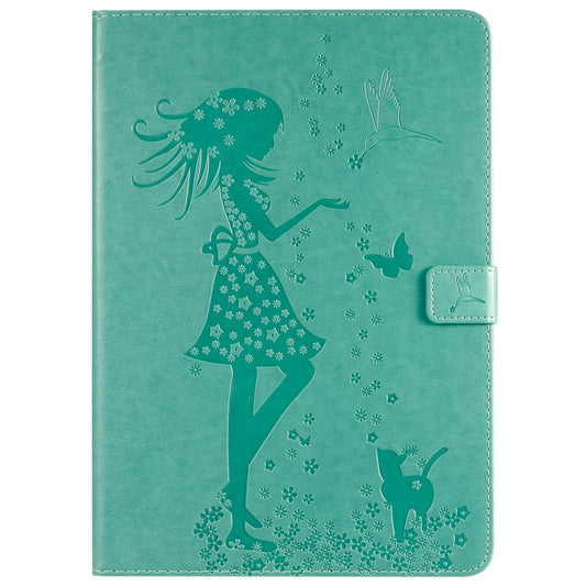 For iPad 10.2 / Pro 10.5 / Air 2019 Pressed Printing Woman and Cat Pattern Horizontal Flip Leather Case with Holder & Card Slots & Wallet(Green) - iPad Air (2019) Cases by buy2fix | Online Shopping UK | buy2fix