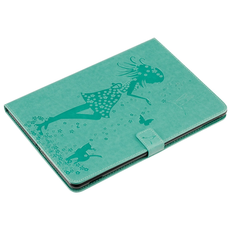 For iPad 10.2 / Pro 10.5 / Air 2019 Pressed Printing Woman and Cat Pattern Horizontal Flip Leather Case with Holder & Card Slots & Wallet(Green) - iPad Air (2019) Cases by buy2fix | Online Shopping UK | buy2fix