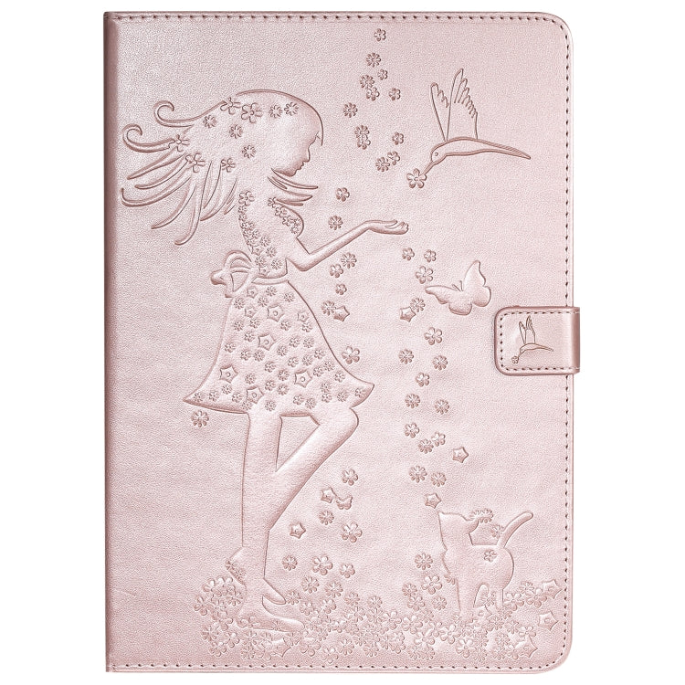 For iPad 10.2 / Pro 10.5 / Air 2019 Pressed Printing Woman and Cat Pattern Horizontal Flip Leather Case with Holder & Card Slots & Wallet(Rose Gold) - iPad Air (2019) Cases by buy2fix | Online Shopping UK | buy2fix