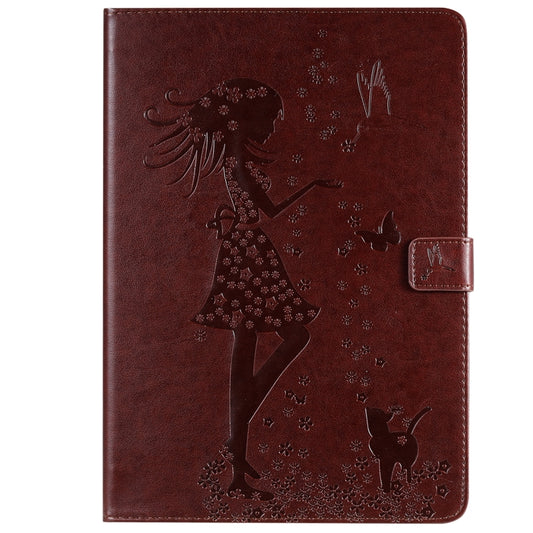 For iPad 10.2 / Pro 10.5 / Air 2019 Pressed Printing Woman and Cat Pattern Horizontal Flip Leather Case with Holder & Card Slots & Wallet(Brown) - iPad Air (2019) Cases by buy2fix | Online Shopping UK | buy2fix