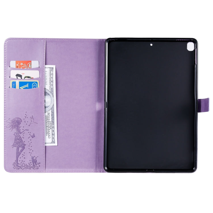 For iPad 10.2 / Pro 10.5 / Air 2019 Pressed Printing Woman and Cat Pattern Horizontal Flip Leather Case with Holder & Card Slots & Wallet(Purple) - iPad Air (2019) Cases by buy2fix | Online Shopping UK | buy2fix
