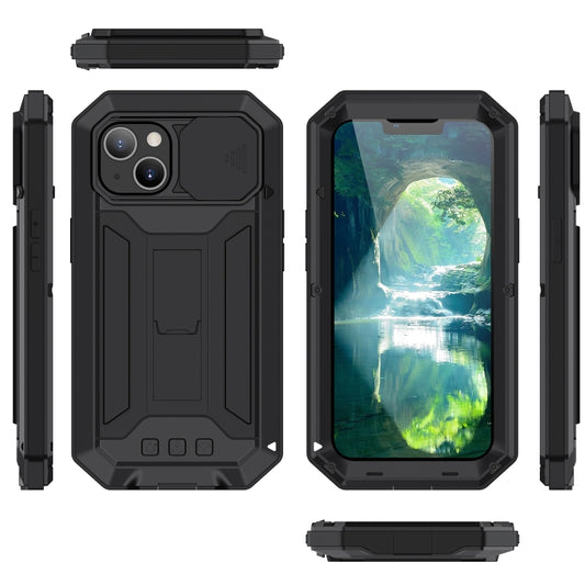 For iPhone 13 mini R-JUST Sliding Camera Shockproof Life Waterproof Dust-proof Metal + Silicone Protective Case with Holder (Black) by R-JUST