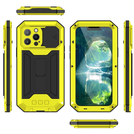 For iPhone 13 Pro R-JUST Sliding Camera Shockproof Life Waterproof Dust-proof Metal + Silicone Protective Case with Holder (Yellow) by R-JUST