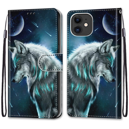 For iPhone 13 Coloured Drawing Cross Texture Horizontal Flip PU Leather Case with Holder & Card Slots & Wallet & Lanyard(Contemplative Wolf) by buy2fix