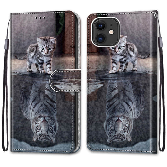 For iPhone 13 Coloured Drawing Cross Texture Horizontal Flip PU Leather Case with Holder & Card Slots & Wallet & Lanyard(Cat Becomes Tiger) by buy2fix