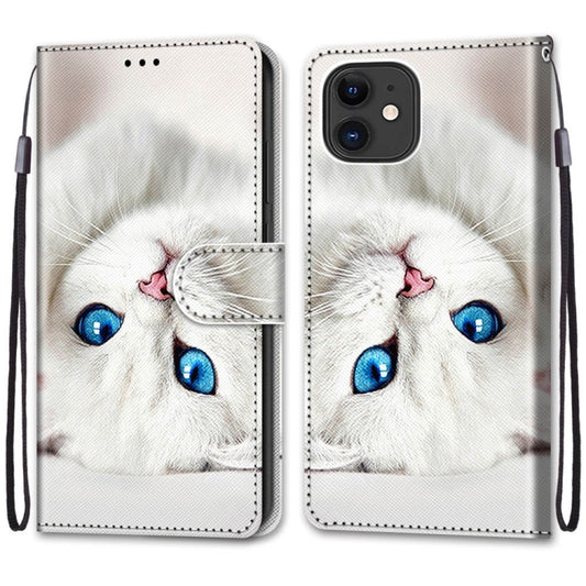 For iPhone 13 Coloured Drawing Cross Texture Horizontal Flip PU Leather Case with Holder & Card Slots & Wallet & Lanyard(White Kitten) by buy2fix