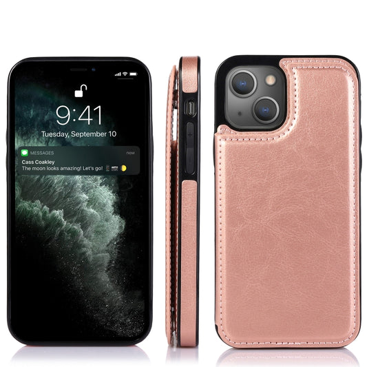 For iPhone 13 Double Buckle Shockproof PU Protective Case with Card Slots & Holder(Rose Gold) by buy2fix