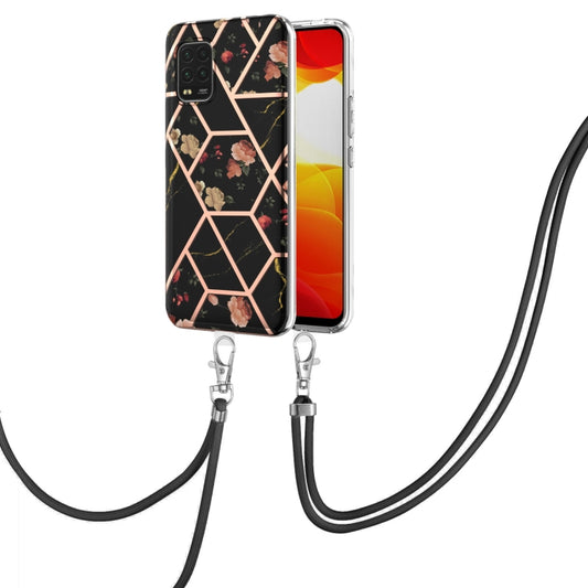 For Xiaomi Mi 10 Lite 5G Electroplating Splicing Marble Flower Pattern TPU Shockproof Case with Lanyard(Black Flower) by buy2fix