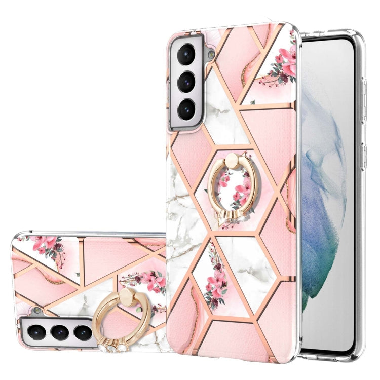 For Samsung Galaxy S21 5G Electroplating Splicing Marble Flower Pattern TPU Shockproof Case with Rhinestone Ring Holder(Pink Flower) - Galaxy S21 5G Cases by buy2fix | Online Shopping UK | buy2fix