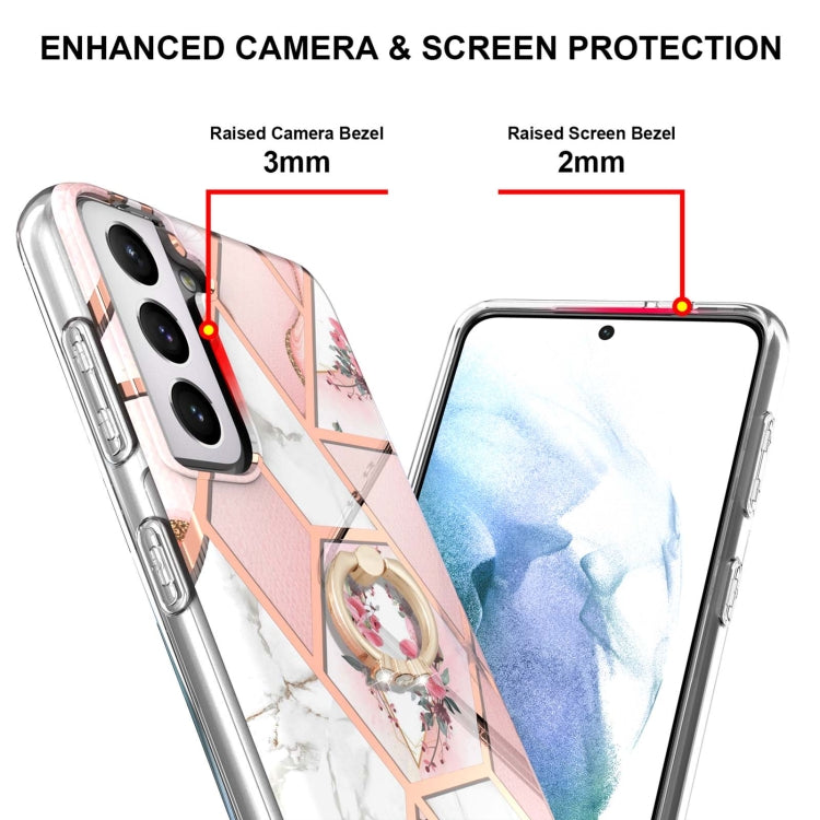 For Samsung Galaxy S21+ 5G Electroplating Splicing Marble Flower Pattern TPU Shockproof Case with Rhinestone Ring Holder(Pink Flower) - Galaxy S21+ 5G Cases by buy2fix | Online Shopping UK | buy2fix