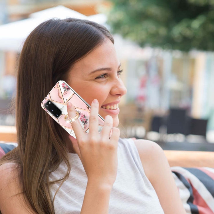 For Samsung Galaxy S20 Electroplating Splicing Marble Flower Pattern TPU Shockproof Case with Rhinestone Ring Holder(Pink Flower) by buy2fix