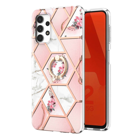 For Samsung Galaxy A32 5G Electroplating Splicing Marble Flower Pattern TPU Shockproof Case with Rhinestone Ring Holder(Pink Flower) by buy2fix