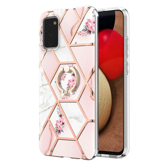 For Samsung Galaxy A02S 166mm Electroplating Splicing Marble Flower Pattern TPU Shockproof Case with Rhinestone Ring Holder(Pink Flower) by buy2fix