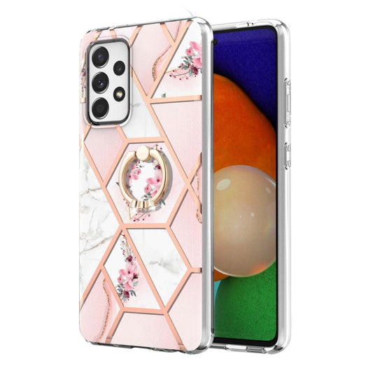 For Samsung Galaxy A52 5G / 4G Electroplating Splicing Marble Flower Pattern TPU Shockproof Case with Rhinestone Ring Holder(Pink Flower) by buy2fix