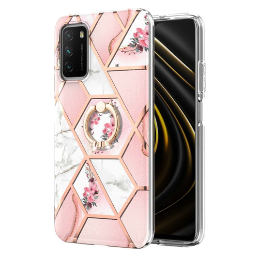 For Xiaomi Poco M3 / Redmi Note 9 4G / Redmi 9 Power / Redmi 9T Electroplating Splicing Marble Flower Pattern TPU Shockproof Case with Rhinestone Ring Holder(Pink Flower) by buy2fix