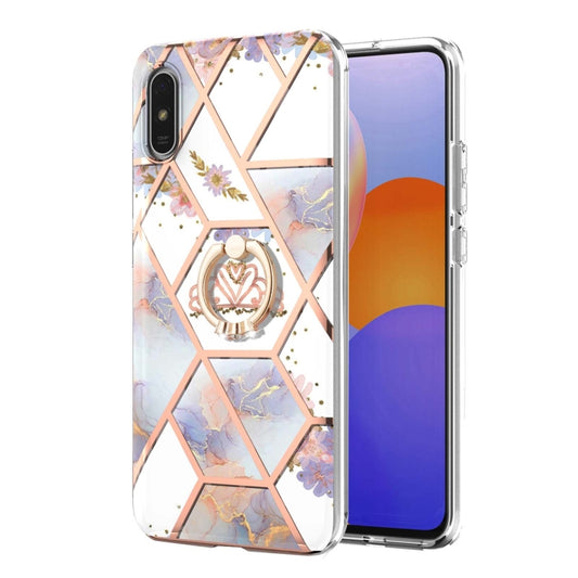 For Xiaomi Redmi 9A Electroplating Splicing Marble Flower Pattern TPU Shockproof Case with Rhinestone Ring Holder(Imperial Crown) by buy2fix