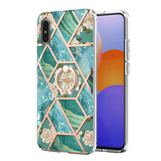 For Xiaomi Redmi 9A Electroplating Splicing Marble Flower Pattern TPU Shockproof Case with Rhinestone Ring Holder(Blue Flower) by buy2fix