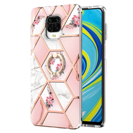 or Xiaomi Redmi Note 9S / Redmi Note 9 Pro / Redmi Note 9 Pro Max Electroplating Splicing Marble Flower Pattern TPU Shockproof Case with Rhinestone Ring Holder(Pink Flower) by buy2fix