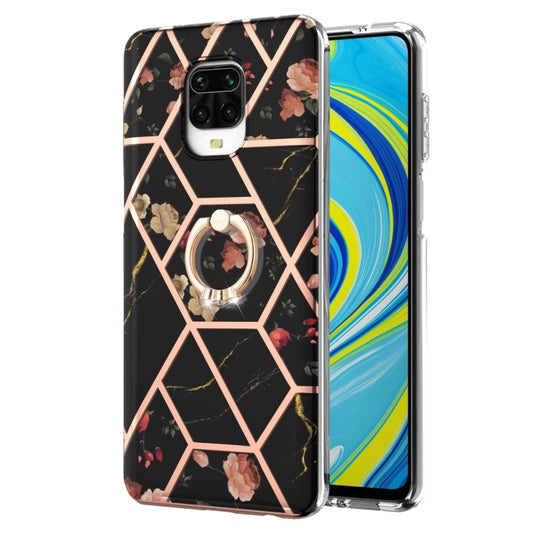 or Xiaomi Redmi Note 9S / Redmi Note 9 Pro / Redmi Note 9 Pro Max Electroplating Splicing Marble Flower Pattern TPU Shockproof Case with Rhinestone Ring Holder(Black Flower) by buy2fix