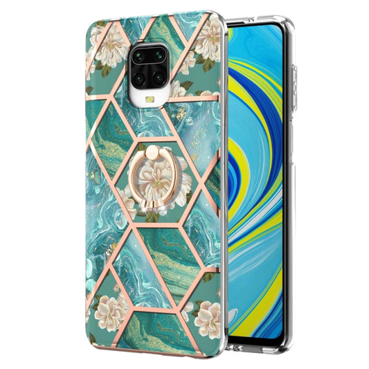 or Xiaomi Redmi Note 9S / Redmi Note 9 Pro / Redmi Note 9 Pro Max Electroplating Splicing Marble Flower Pattern TPU Shockproof Case with Rhinestone Ring Holder(Blue Flower) by buy2fix