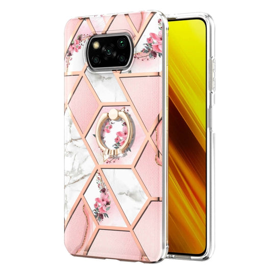 For Xiaomi Poco X3 NFC Electroplating Splicing Marble Flower Pattern TPU Shockproof Case with Rhinestone Ring Holder(Pink Flower) by buy2fix