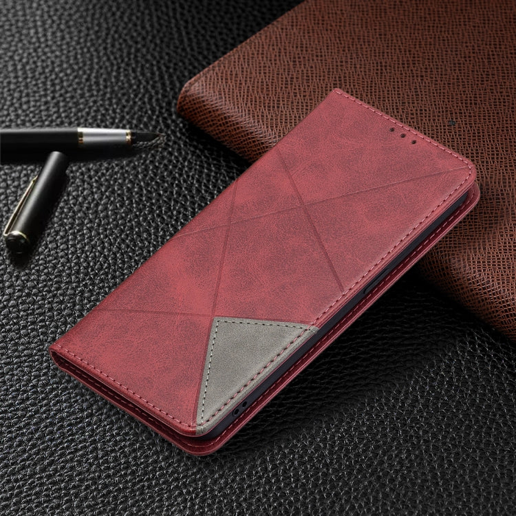 For OPPO Reno6 Rhombus Texture Horizontal Flip Magnetic Leather Case with Holder & Card Slots(Red) by buy2fix