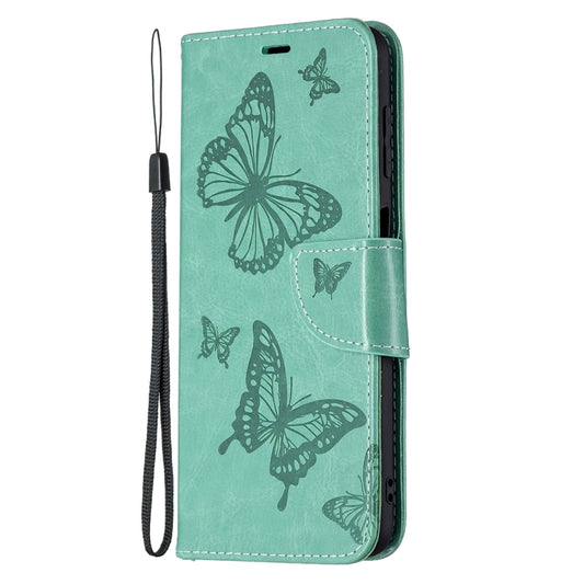 For Samsung Galaxy M32 Embossing Two Butterflies Pattern Horizontal Flip PU Leather Case with Holder & Card Slot & Wallet & Lanyard(Green) by buy2fix
