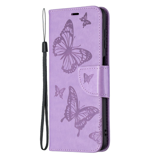 For Samsung Galaxy M32 Embossing Two Butterflies Pattern Horizontal Flip PU Leather Case with Holder & Card Slot & Wallet & Lanyard(Purple) by buy2fix