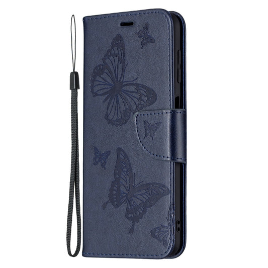 For Samsung Galaxy M32 Embossing Two Butterflies Pattern Horizontal Flip PU Leather Case with Holder & Card Slot & Wallet & Lanyard(Dark Blue) by buy2fix