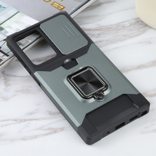 For Samsung Galaxy Note20 Ultra Sliding Camera Cover Design PC + TPU Shockproof Case with Ring Holder & Card Slot(Dark Green) by buy2fix