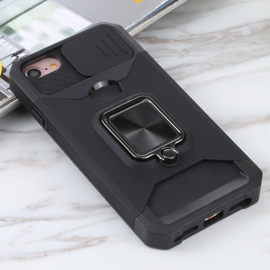 For iPhone SE 2022 / SE 2020 / 8 / 7 / 6s / 6 Sliding Camera Cover Design PC + TPU Shockproof Case with Ring Holder & Card Slot (Black) by buy2fix