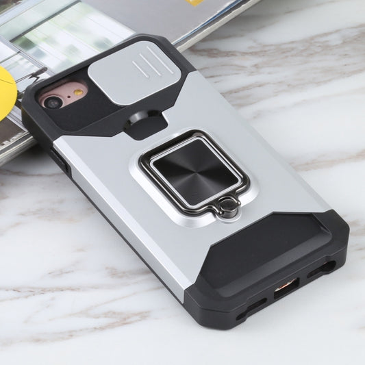 For iPhone SE 2022 / SE 2020 / 8 / 7 / 6s / 6 Sliding Camera Cover Design PC + TPU Shockproof Case with Ring Holder & Card Slot (Silver) by buy2fix