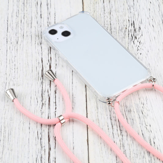 For iPhone 13 Four-corner Shockproof Transparent TPU Protective Case with Lanyard(Pink) by buy2fix