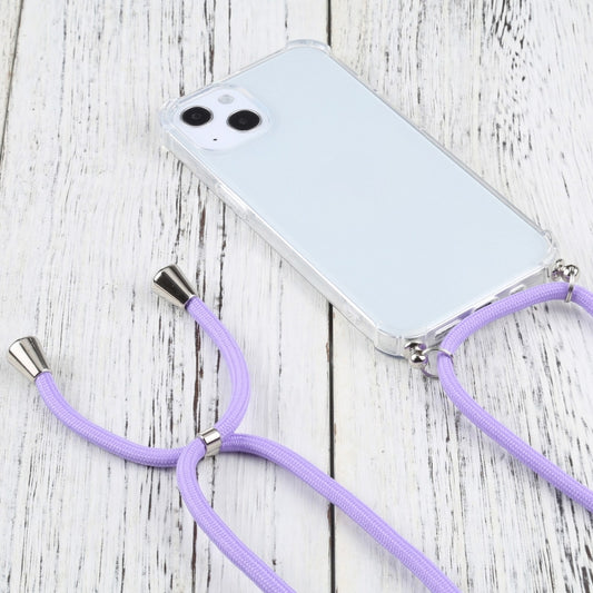 For iPhone 13 Four-corner Shockproof Transparent TPU Protective Case with Lanyard(Purple) by buy2fix
