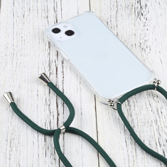 For iPhone 13 mini Four-corner Shockproof Transparent TPU Protective Case with Lanyard (Dark Green) by buy2fix
