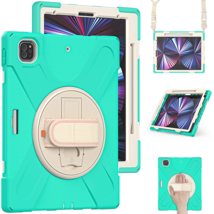 For iPad Pro 12.9 2022 / 2021 Rotatable Holder Silicone Hybrid PC Tablet Case with Shoulder Strap(Mint Green) - iPad Pro 12.9 (2022/2021) Cases by buy2fix | Online Shopping UK | buy2fix