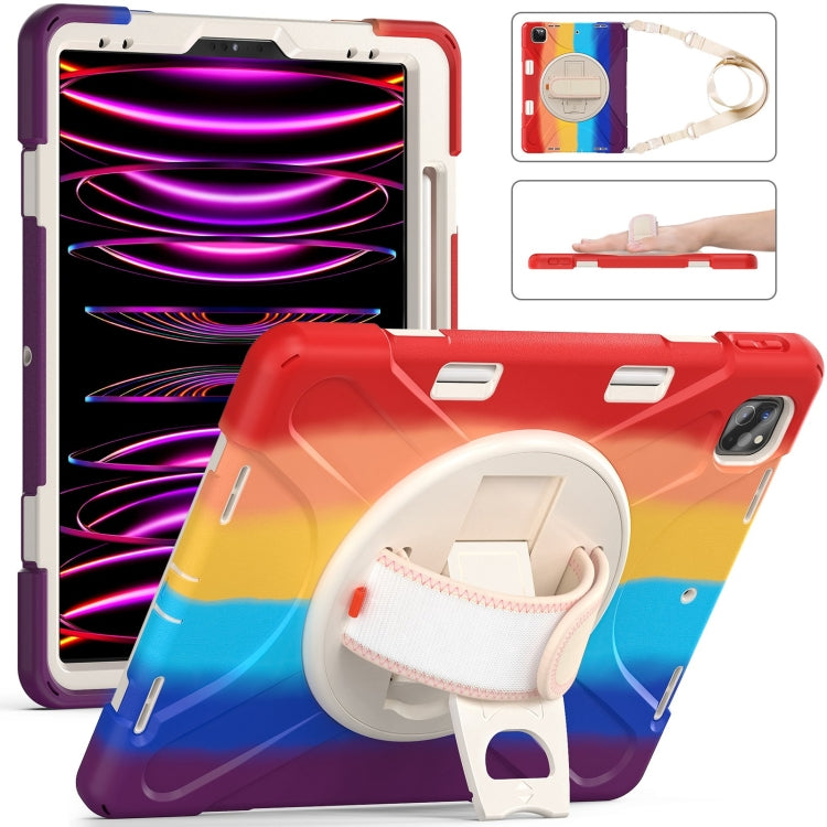 For iPad Pro 12.9 2022 / 2021 Rotatable Holder Silicone Hybrid PC Tablet Case with Shoulder Strap(Colorful Red) - iPad Pro 12.9 (2022/2021) Cases by buy2fix | Online Shopping UK | buy2fix