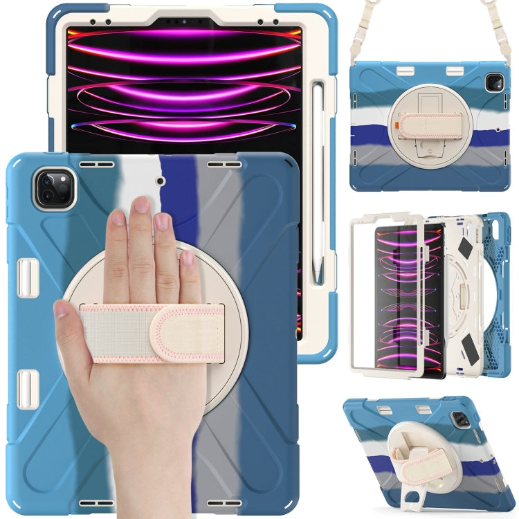 For iPad Pro 12.9 2022 / 2021 Rotatable Holder Silicone Hybrid PC Tablet Case with Shoulder Strap(Colorful Blue) - iPad Pro 12.9 (2022/2021) Cases by buy2fix | Online Shopping UK | buy2fix