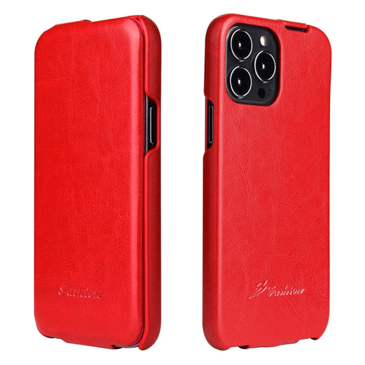 For iPhone 13 Pro Max Fierre Shann Retro Oil Wax Texture Vertical Flip PU Leather Case (Red) by FIERRE SHANN