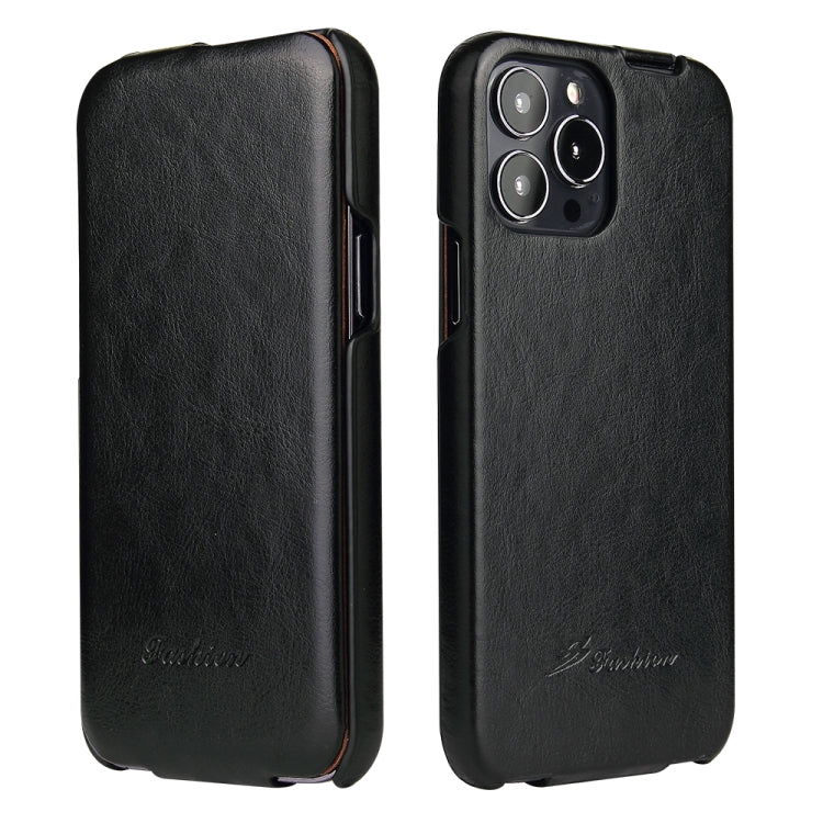 For iPhone 13 Pro Fierre Shann Retro Oil Wax Texture Vertical Flip PU Leather Case (Black) - iPhone 13 Pro Cases by FIERRE SHANN | Online Shopping UK | buy2fix