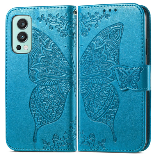Butterfly Love Flowers Embossed Horizontal Flip Leather Case with Holder & Card Slots & Wallet & Lanyard For OnePlus Nord 2 5G(Blue) by buy2fix