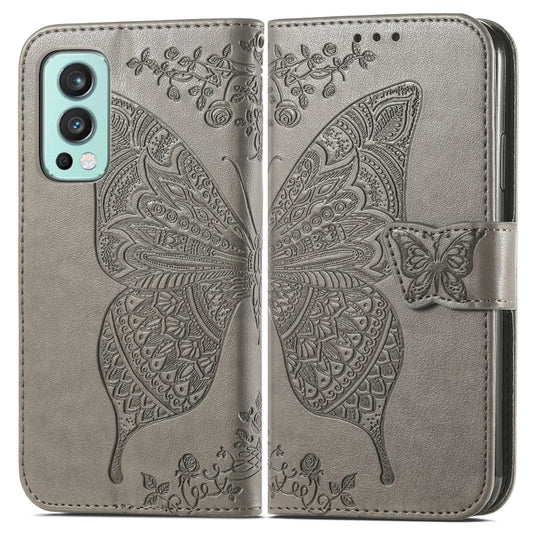 Butterfly Love Flowers Embossed Horizontal Flip Leather Case with Holder & Card Slots & Wallet & Lanyard For OnePlus Nord 2 5G(Gray) by buy2fix