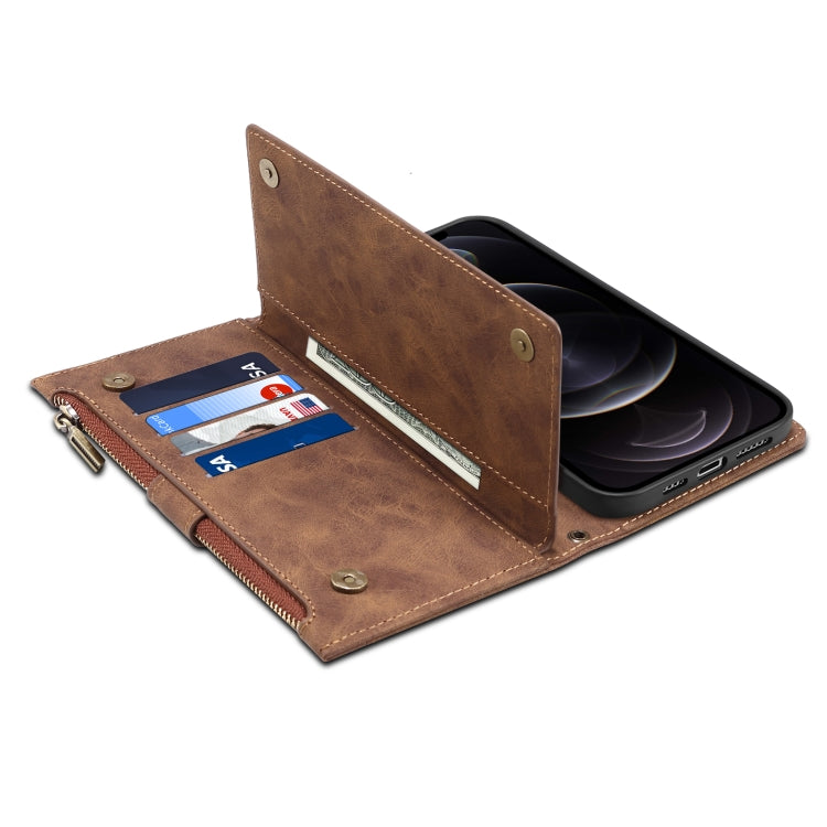 For iPhone 12 Pro Retro Frosted Horizontal Flip Leather Case with Holder & Card Slot & Wallet & Zipper Pocket & Lanyard(Brown) by buy2fix
