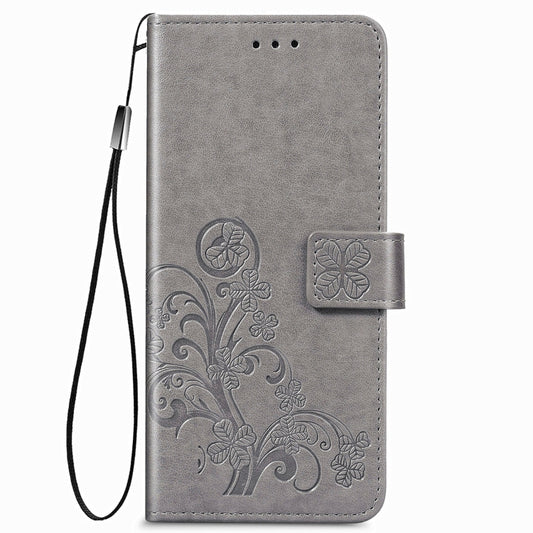 For Samsung Galaxy Z Fold3 5G Four-leaf Clasp Embossed Buckle Mobile Phone Protection Leather Case with Lanyard & Card Slot & Wallet & Bracket Function(Grey) by buy2fix