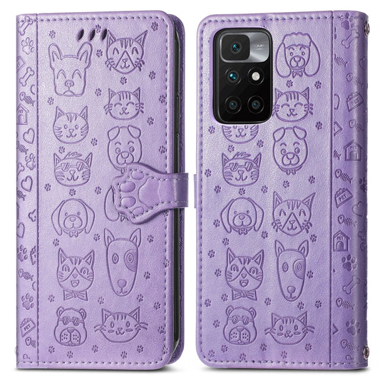 For Xiaomi Redmi 10 Lovely Cat and Dog Embossing Pattern Horizontal Flip Leather Case , with Holder & Card Slots & Wallet & Cartoon Clasp & Lanyard(Purple) by buy2fix