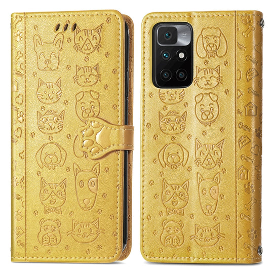 For Xiaomi Redmi 10 Lovely Cat and Dog Embossing Pattern Horizontal Flip Leather Case , with Holder & Card Slots & Wallet & Cartoon Clasp & Lanyard(Yellow) by buy2fix
