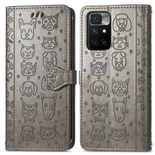 For Xiaomi Redmi 10 Lovely Cat and Dog Embossing Pattern Horizontal Flip Leather Case , with Holder & Card Slots & Wallet & Cartoon Clasp & Lanyard(Grey) by buy2fix