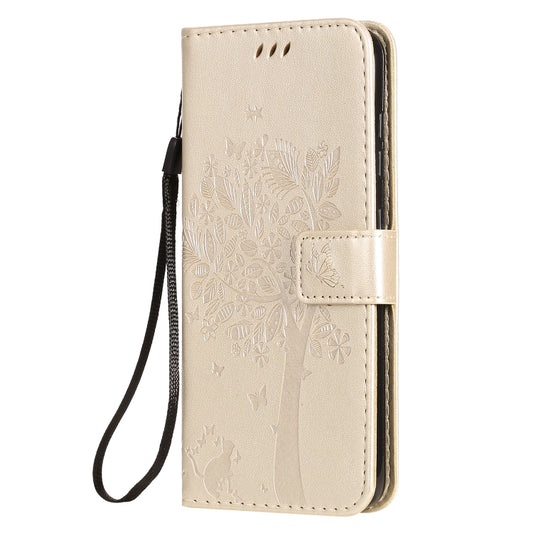 For Nokia 7.2 Tree & Cat Pattern Pressed Printing Horizontal Flip PU Leather Case with Holder & Card Slots & Wallet & Lanyard(Gold) by buy2fix