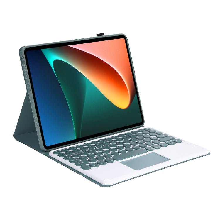 Y0N5-A TPU Tablet Case Lambskin Texture Round Keycap Bluetooth Keyboard Leather Tablet Case with Holder & Touchpad For Xiaomi Pad 5 / 5 Pro(Dark Green + Dark Green) by buy2fix